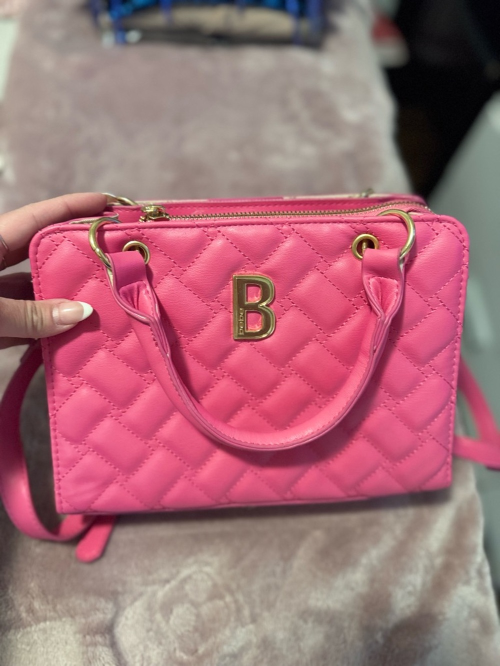 bebe Pink Quilted Satchel with Gold Hardware